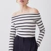 Karen Millen Stripe Bardot Long Sleeve Cotton Top -Karen Millen shop cream stripe bardot long sleeve cotton top