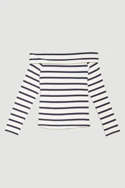 Karen Millen Stripe Bardot Long Sleeve Cotton Top -Karen Millen shop cream stripe bardot long sleeve cotton top 1 1