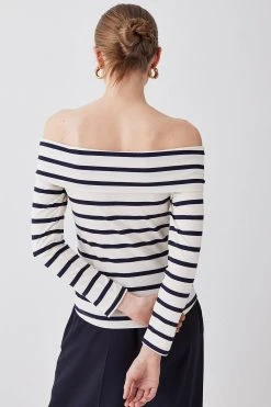 Karen Millen Stripe Bardot Long Sleeve Cotton Top -Karen Millen shop cream stripe bardot long sleeve cotton top 1 3