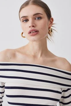 Karen Millen Stripe Bardot Long Sleeve Cotton Top -Karen Millen shop cream stripe bardot long sleeve cotton top 1 4