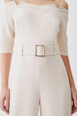 Karen Millen Structured Crepe Off Shoulder Wide Leg Jumpsuit