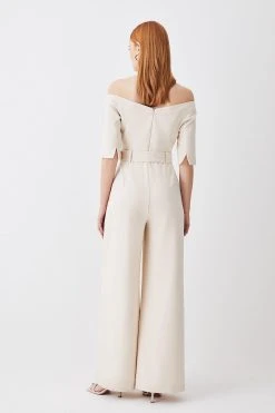 Karen Millen Structured Crepe Off Shoulder Wide Leg Jumpsuit -Karen Millen shop cream structured crepe off shoulder wide leg jumpsuit 1 2
