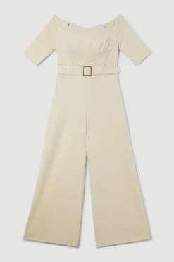 Karen Millen Structured Crepe Off Shoulder Wide Leg Jumpsuit -Karen Millen shop cream structured crepe off shoulder wide leg jumpsuit 1 3