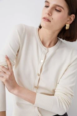 Karen Millen Viscose Blend Knitted Crew Neck Cardigan -Karen Millen shop cream viscose blend knitted crew neck cardigan 2