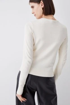 Karen Millen Viscose Blend Knitted Crew Neck Cardigan -Karen Millen shop cream viscose blend knitted crew neck cardigan 3