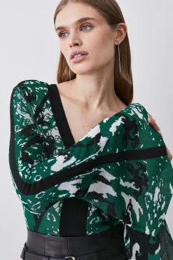 Karen Millen Slinky Embellished Jacquard Knit Top -Karen Millen shop dark green slinky embellished jacquard knit top 3