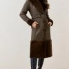 Karen Millen Lydia Millen Shearling And Leather Shawl Collar Belted Coat -Karen Millen shop dark olive lydia millen shearling and leather shawl collar belted coat
