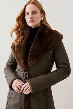 Karen Millen Lydia Millen Shearling And Leather Shawl Collar Belted Coat -Karen Millen shop dark olive lydia millen shearling and leather shawl collar belted coat 2