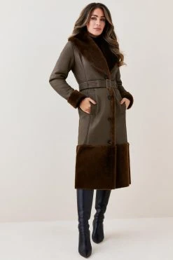 Karen Millen Lydia Millen Shearling And Leather Shawl Collar Belted Coat