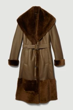 Karen Millen Lydia Millen Shearling And Leather Shawl Collar Belted Coat -Karen Millen shop dark olive lydia millen shearling and leather shawl collar belted coat 4