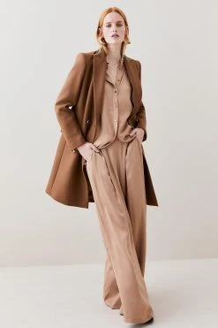 Karen Millen Italian Wool Cashmere Double Breasted Tailored Coat -Karen Millen shop dark tan italian wool cashmere double breasted tailored coat 1 2