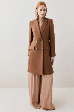 Karen Millen Italian Wool Cashmere Double Breasted Tailored Coat -Karen Millen shop dark tan italian wool cashmere double breasted tailored coat 1 3