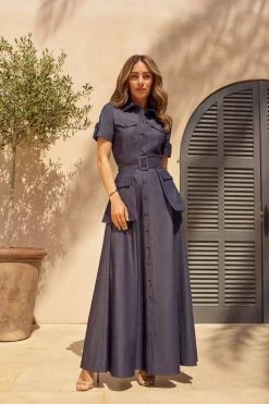 Karen Millen Lydia Millen Tailored Denim Utility Shirt Midi Dress -Karen Millen shop denim blue lydia millen tailored denim utility shirt midi dress 3
