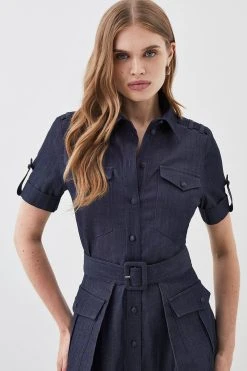 Karen Millen Lydia Millen Tailored Denim Utility Shirt Midi Dress -Karen Millen shop denim blue lydia millen tailored denim utility shirt midi dress 4