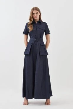 Karen Millen Lydia Millen Tailored Denim Utility Shirt Midi Dress -Karen Millen shop denim blue lydia millen tailored denim utility shirt midi dress 7