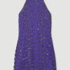Karen Millen Draped Beaded High Neck Mini Dress -Karen Millen shop electric blue draped beaded high neck mini dress