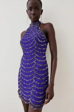 Karen Millen Tall Draped Beaded High Neck Mini Dress -Karen Millen shop electric blue tall draped beaded high neck mini dress 2