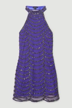 Karen Millen Tall Draped Beaded High Neck Mini Dress -Karen Millen shop electric blue tall draped beaded high neck mini dress 3