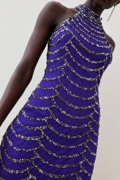 Karen Millen Tall Draped Beaded High Neck Mini Dress -Karen Millen shop electric blue tall draped beaded high neck mini dress 4