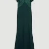 Karen Millen Ruffle Back V Neck Satin Maxi Dress -Karen Millen shop emerald ruffle back v neck satin maxi dress