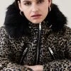 Karen Millen Faux Fur Trim Animal Jacquard Puffer Coat -Karen Millen shop faux fur trim animal jacquard puffer coat