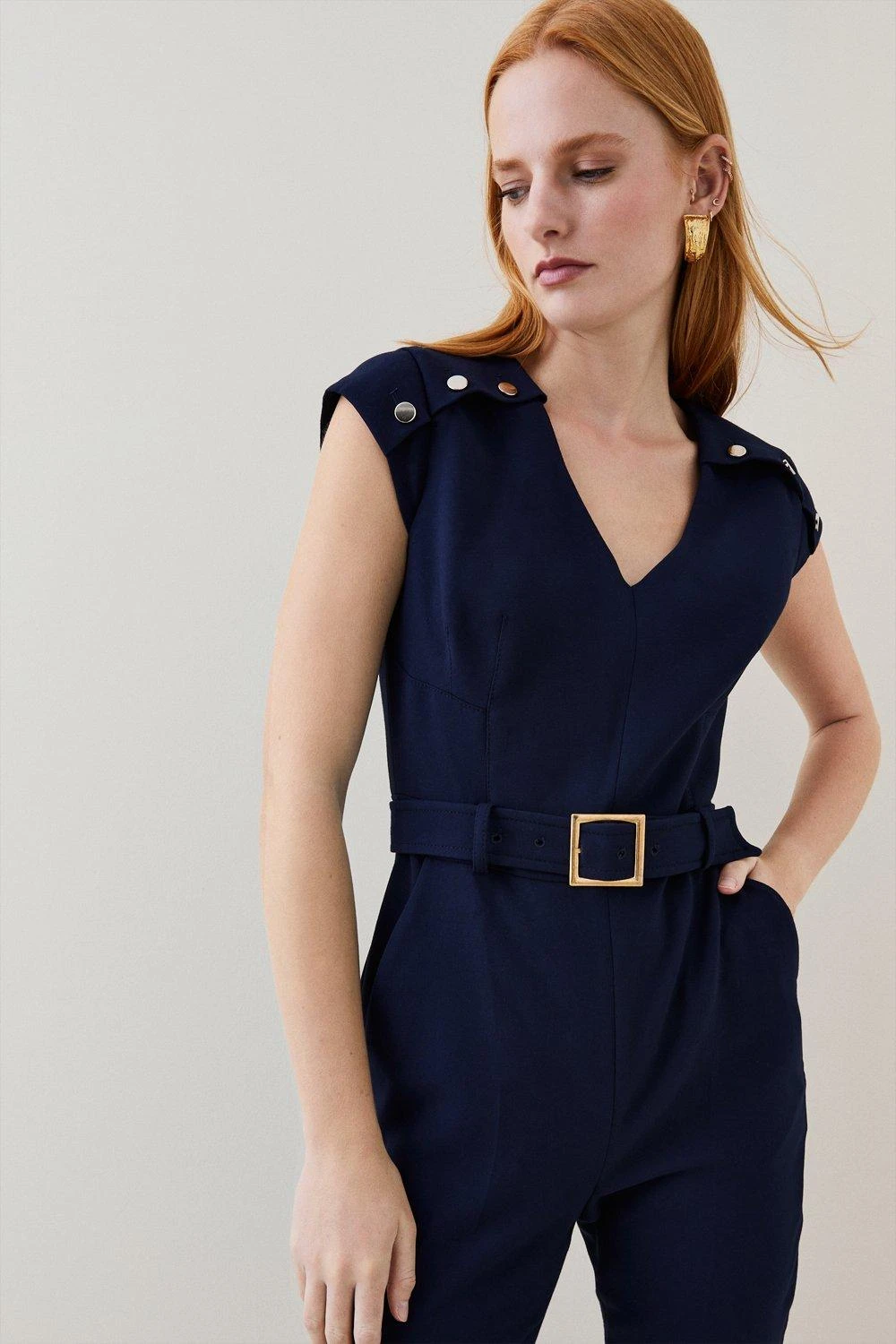 Karen Millen Compact Crepe Button Shoulder Jumpsuit 3 Karen Millen Compact Crepe Button Shoulder Jumpsuit