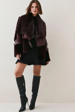 Karen Millen Shearling & Leather Tab Side Biker Jacket -Karen Millen shop fig shearling leather tab side biker jacket 2