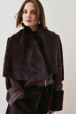 Karen Millen Shearling & Leather Tab Side Biker Jacket -Karen Millen shop fig shearling leather tab side biker jacket 4