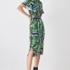 Karen Millen Angel Sleeve Belted Viscose Blend Jersey Midi Dress -Karen Millen shop floral angel sleeve belted viscose blend jersey midi dress
