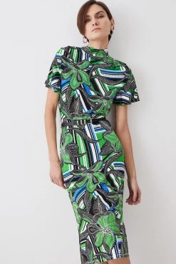 Karen Millen Angel Sleeve Belted Viscose Blend Jersey Midi Dress -Karen Millen shop floral angel sleeve belted viscose blend jersey midi dress 2