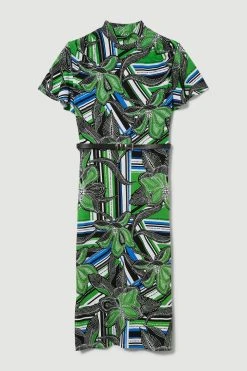 Karen Millen Angel Sleeve Belted Viscose Blend Jersey Midi Dress -Karen Millen shop floral angel sleeve belted viscose blend jersey midi dress 3
