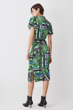 Karen Millen Angel Sleeve Belted Viscose Blend Jersey Midi Dress -Karen Millen shop floral angel sleeve belted viscose blend jersey midi dress 4