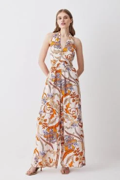 Karen Millen Batik Halter Neck Wide Leg Jumpsuit