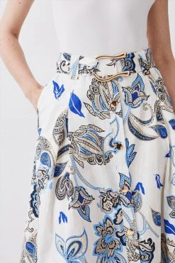 Karen Millen Batik Print Cotton Sateen Midi Belted Skirt
