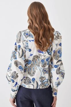Karen Millen Batik Print Cotton Sateen Volume Sleeve Shirt -Karen Millen shop floral batik print cotton sateen volume sleeve shirt 2