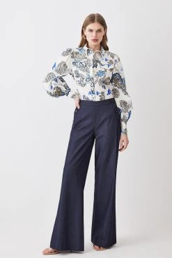 Karen Millen Batik Print Cotton Sateen Volume Sleeve Shirt