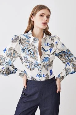Karen Millen Batik Print Cotton Sateen Volume Sleeve Shirt -Karen Millen shop floral batik print cotton sateen volume sleeve shirt 3