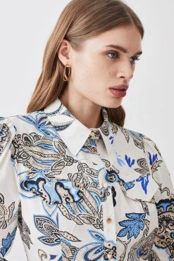 Karen Millen Batik Print Cotton Sateen Volume Sleeve Shirt -Karen Millen shop floral batik print cotton sateen volume sleeve shirt 4
