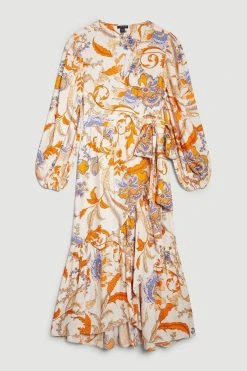 Karen Millen Batik Wrap Front High Low Midi Dress