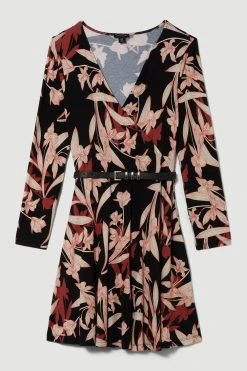 Karen Millen Belted Viscose Blend Long Sleeve Jersey Mini Dress