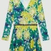 Karen Millen Floral Belted Viscose Blend Long Sleeve Jersey Skater Dress -Karen Millen shop floral belted viscose blend long sleeve jersey skater dress
