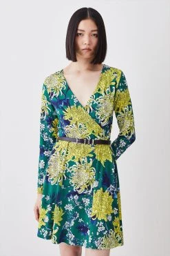 Karen Millen Floral Belted Viscose Blend Long Sleeve Jersey Skater Dress -Karen Millen shop floral belted viscose blend long sleeve jersey skater dress 1 1