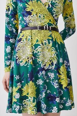 Karen Millen Floral Belted Viscose Blend Long Sleeve Jersey Skater Dress -Karen Millen shop floral belted viscose blend long sleeve jersey skater dress 1 2