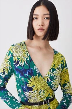 Karen Millen Floral Belted Viscose Blend Long Sleeve Jersey Skater Dress -Karen Millen shop floral belted viscose blend long sleeve jersey skater dress 1 3