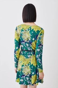 Karen Millen Floral Belted Viscose Blend Long Sleeve Jersey Skater Dress -Karen Millen shop floral belted viscose blend long sleeve jersey skater dress 1 4