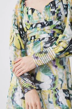 Karen Millen Butterfly Metallic Beaded Cuff Woven Midi Dress