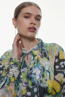 Karen Millen Butterfly Metallic Beaded Tie Neck Woven Blouse