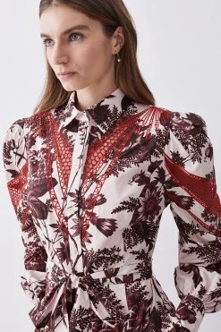 Karen Millen Floral Cotton Cutwork And Print Midi Shirt Dress