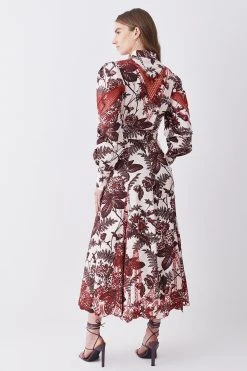 Karen Millen Floral Cotton Cutwork And Print Midi Shirt Dress -Karen Millen shop floral cotton cutwork and print midi shirt dress 4