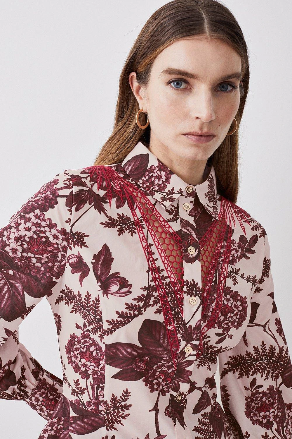 Karen Millen Floral Cotton Cutwork And Print Woven Shirt 8 Karen Millen Floral Cotton Cutwork And Print Woven Shirt - Image 6